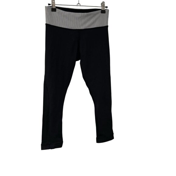 Lululemon Wunder Under Crop Leggings Black Striped Waistband Size 6 - Picture 1 of 6